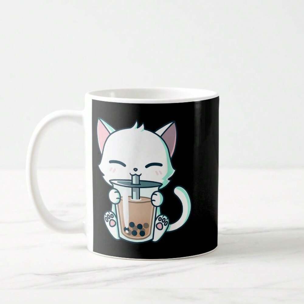 Ceramic Boba Cat Coffee Mug – Kawaii Japanese Kitten Tea Cup for Home & Office Beverages
