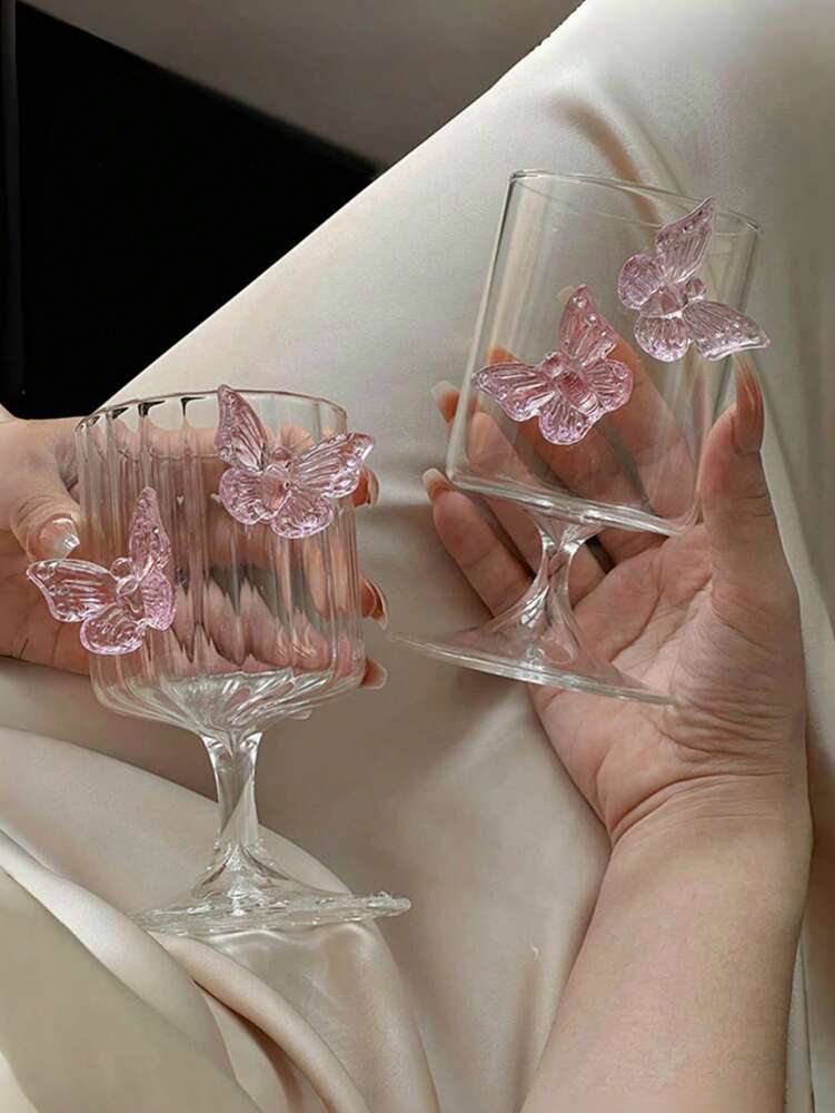 Pink Butterfly Stemless Glass Cup – Elegant Ins-Style Glass for Juice, Coffee & Milk
