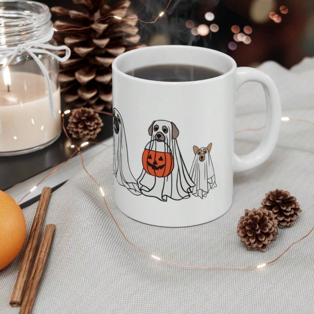 Dog Halloween Ghost Coffee Mug – Cute 11oz Spooky Pup Cup, Trick or Treat Fall Gift