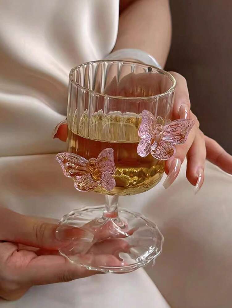Pink Butterfly Stemless Glass Cup – Elegant Ins-Style Glass for Juice, Coffee & Milk