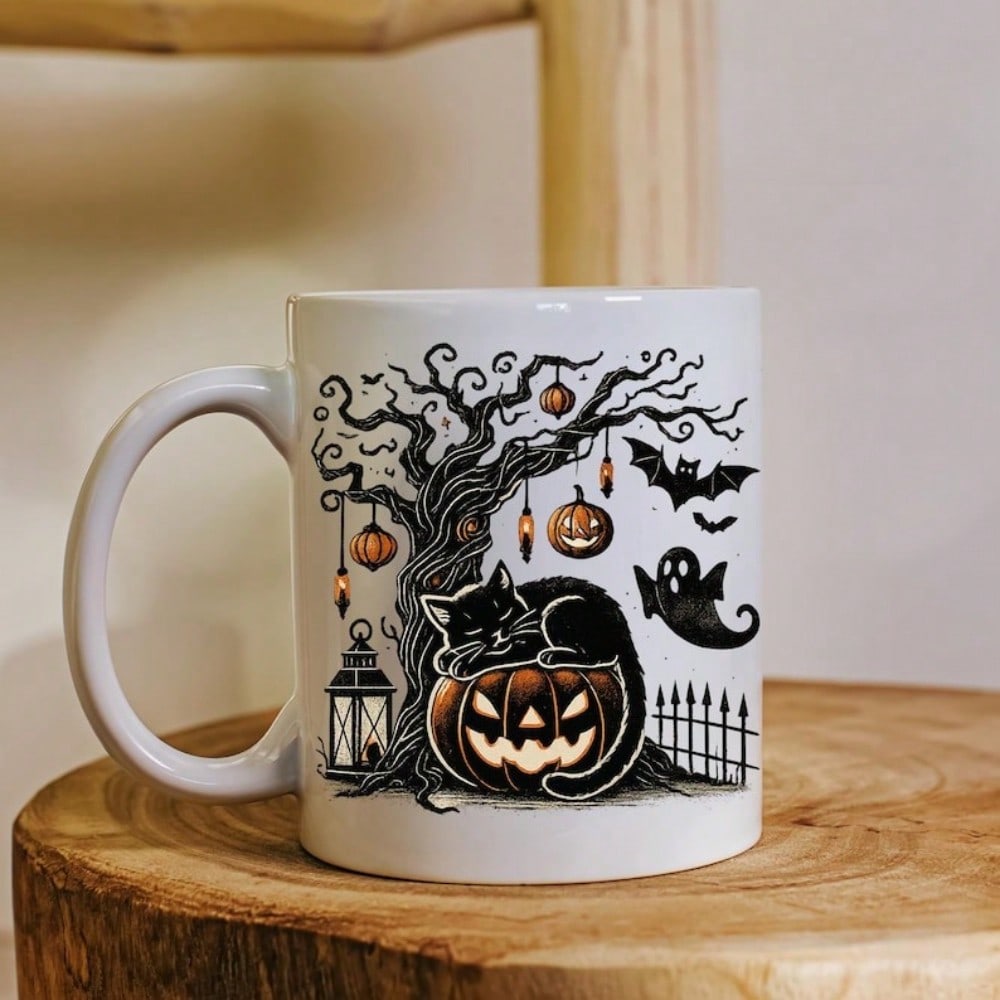 Halloween Coffee Mug – 11oz White Ceramic Cup with Spooky Design, Party Gift Idea