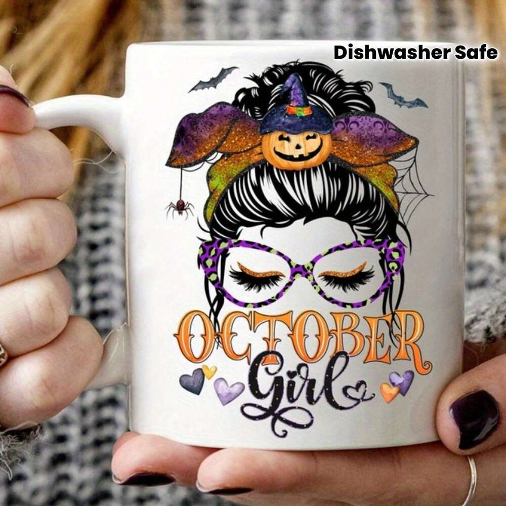 October Girl Halloween Mug – Witch Hat & Spider Web Design Ceramic Coffee Cup, Festive Gift
