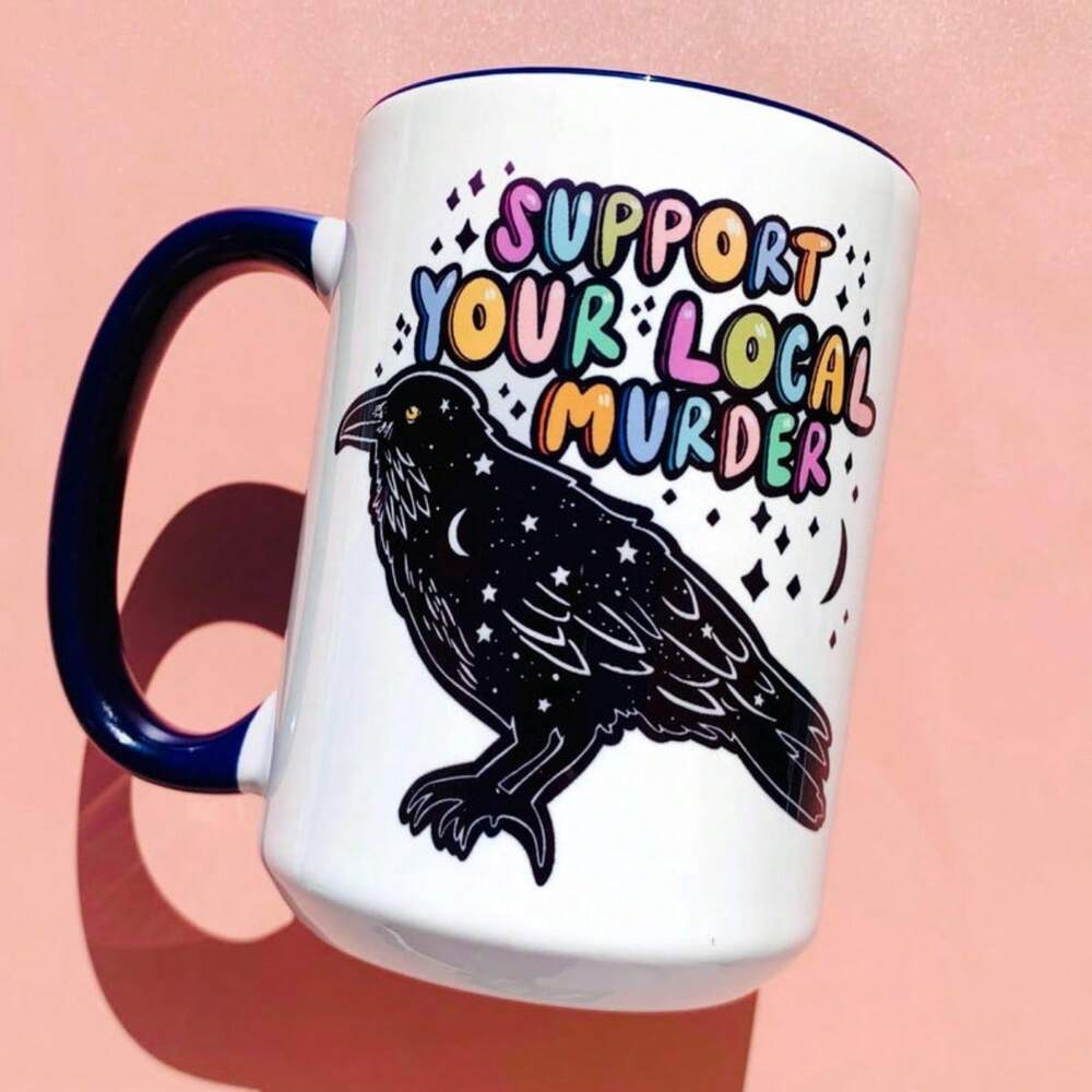 Crow True Crime Coffee Mug – 11oz Funny Wife Birthday Gift, Ironic Raven Design Cup