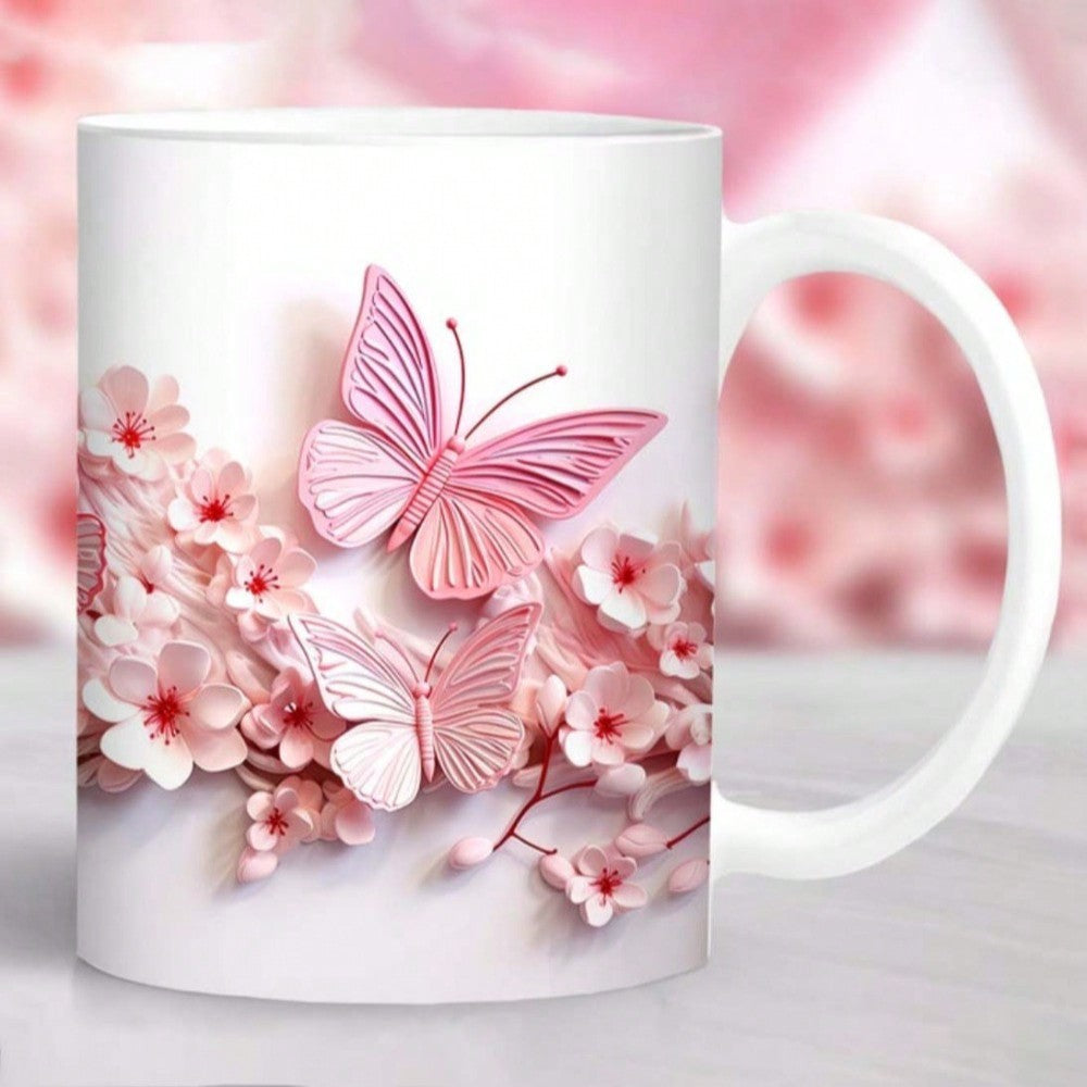3D Pink Butterflies Ceramic Coffee Mug – 11oz Washable Reusable Coffee Cup, Multi-Purpose Travel & Holiday Gift