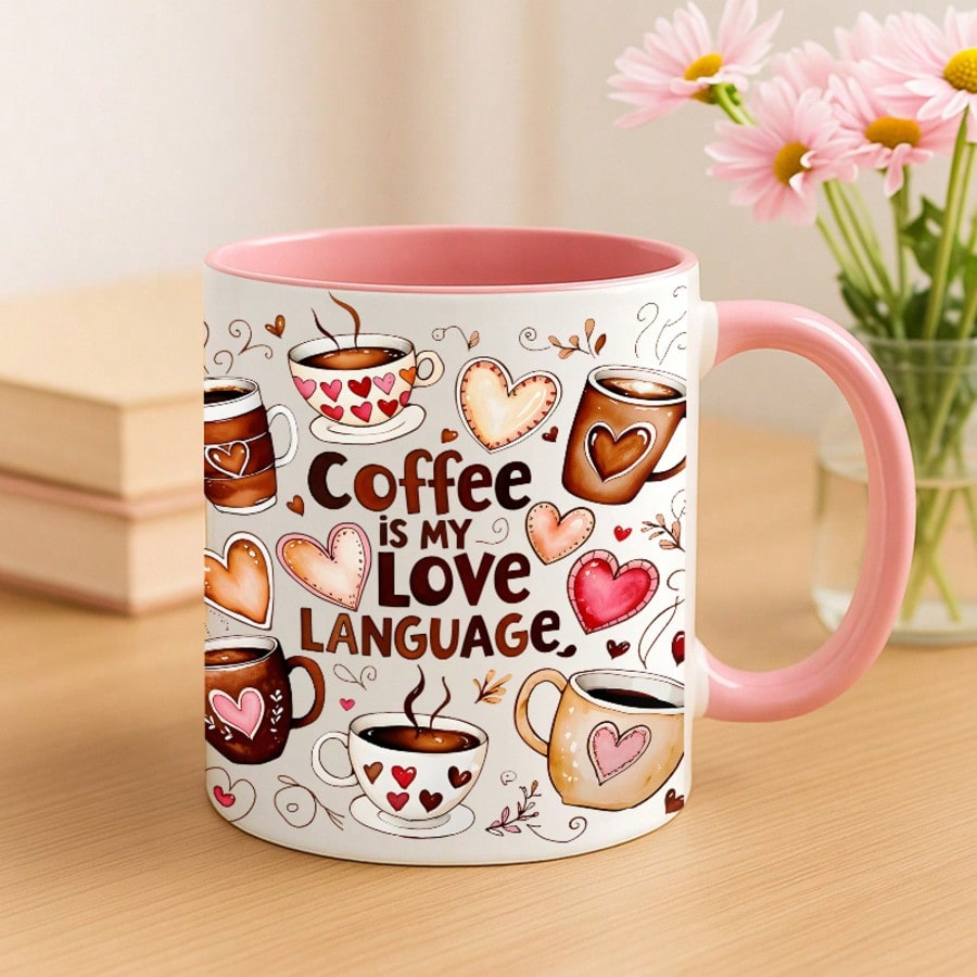Heart & Coffee Design Ceramic Mug – 11oz Coffee Cup Gift for Friends & Coffee Lovers