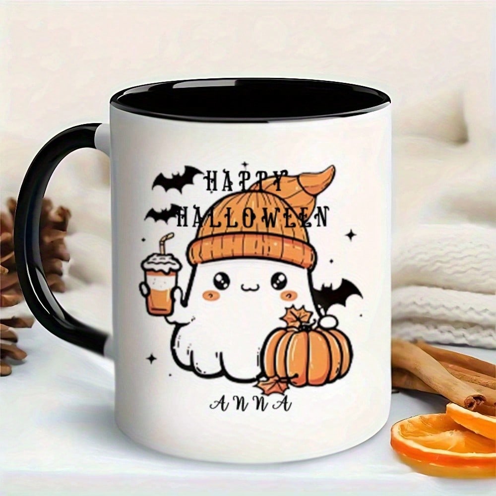 Custom Ghost Halloween Mug – DIY Personalized Name Ceramic Coffee Cup, 11oz Holiday Gift