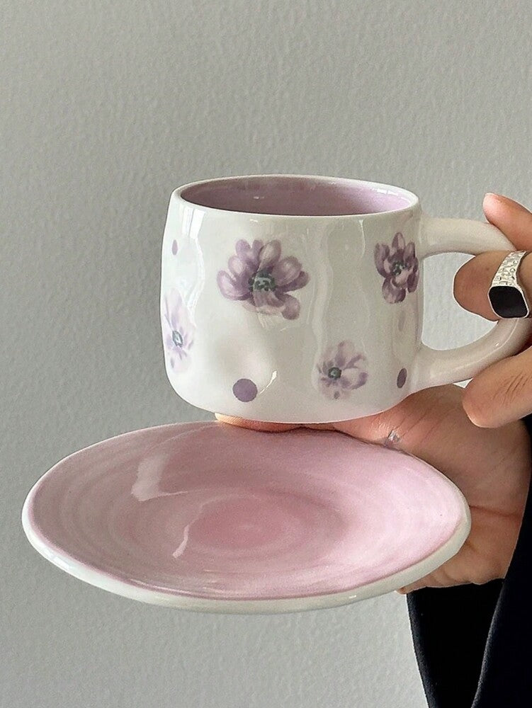Vintage Violet Coffee Cup & Saucer Set – Hand-Painted Ceramic Latte Art Afternoon Tea Gift Set