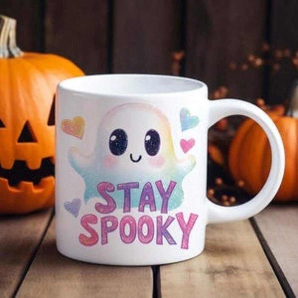 Keep Spooky Halloween Ceramic Mug – Cute Ghost 15oz Coffee Cup, Pumpkin Design Gift for Mom & Friends