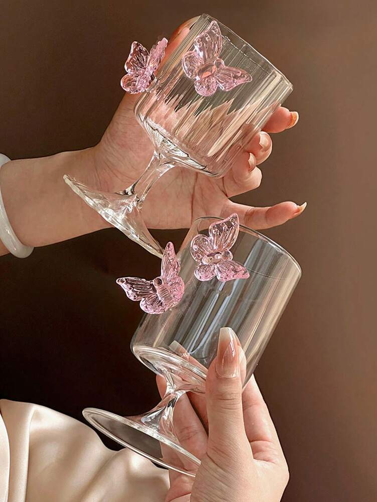 Pink Butterfly Stemless Glass Cup – Elegant Ins-Style Glass for Juice, Coffee & Milk