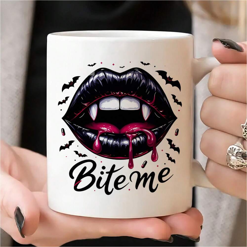 Halloween Bat Mug – 11oz Funny Ceramic Coffee Cup, Bite Me Bat Design, Festive Gift