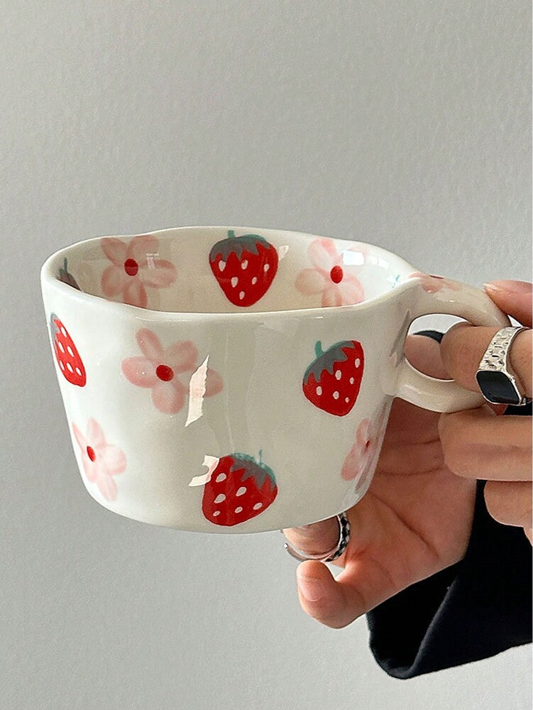 Hand-Painted Strawberry Porcelain Coffee Mug – Classic Ceramic Tea Cup, Hot & Cold Drinkware Gift