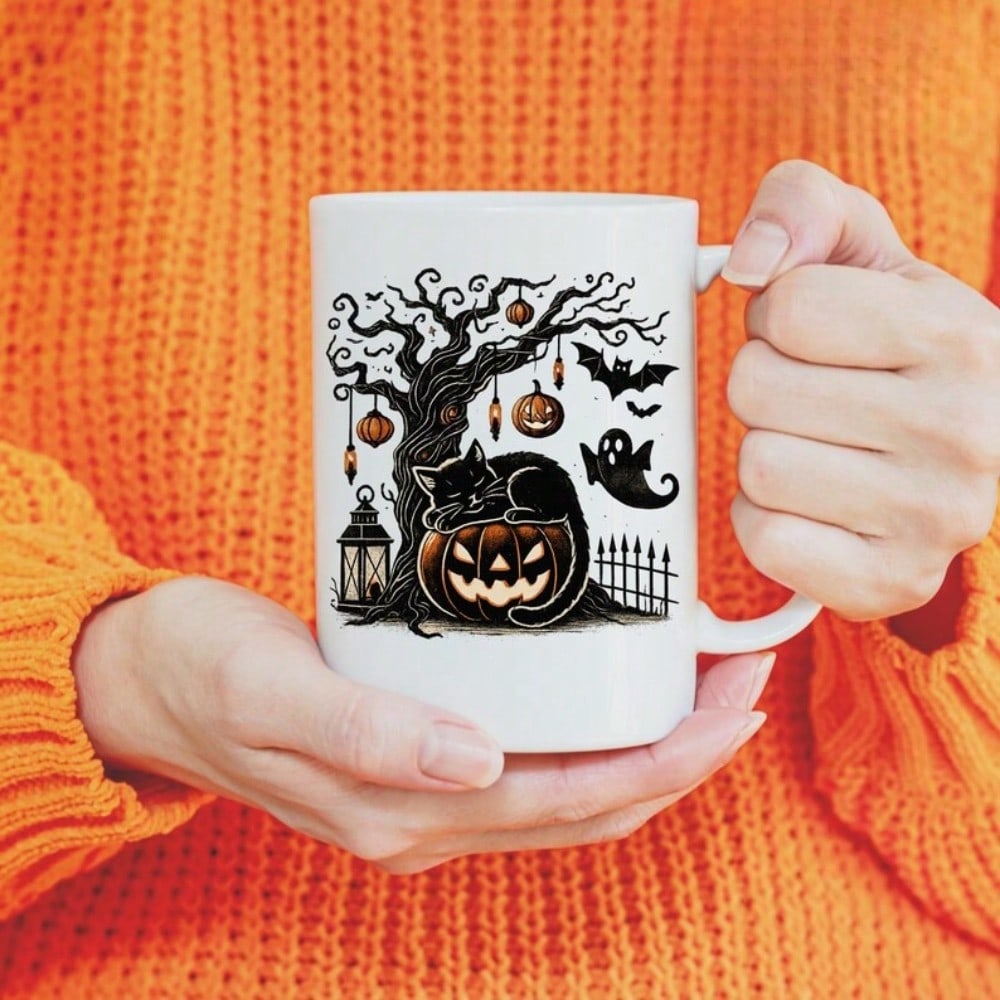 Halloween Coffee Mug – 11oz White Ceramic Cup with Spooky Design, Party Gift Idea