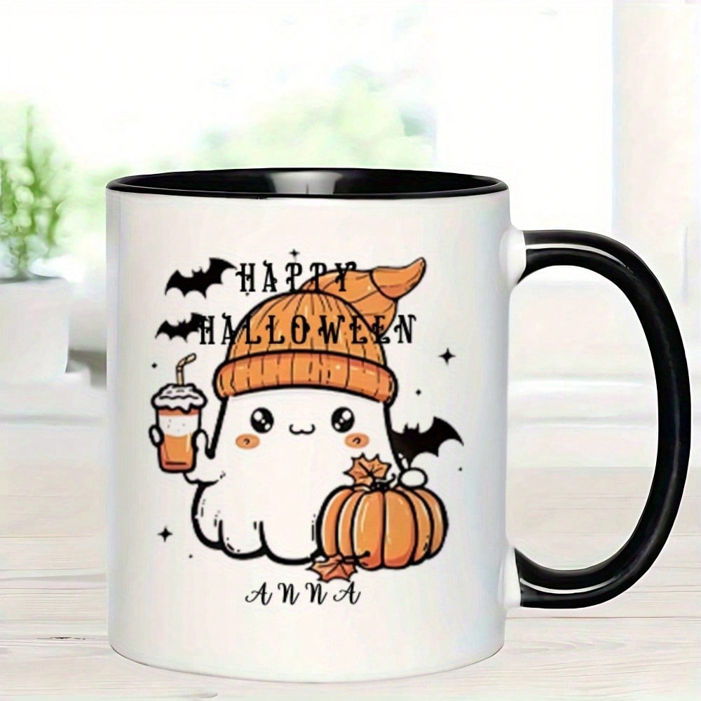 Custom Ghost Halloween Mug – DIY Personalized Name Ceramic Coffee Cup, 11oz Holiday Gift