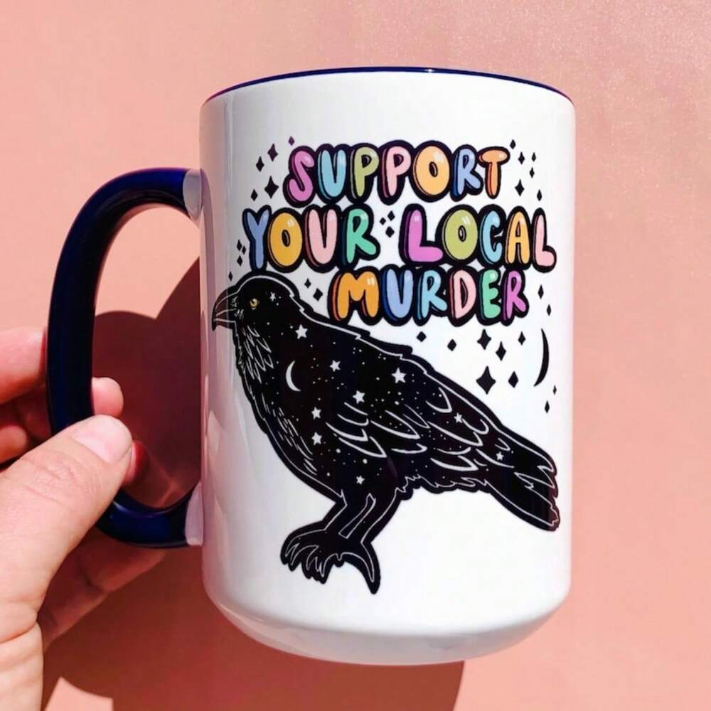 Crow True Crime Coffee Mug – 11oz Funny Wife Birthday Gift, Ironic Raven Design Cup
