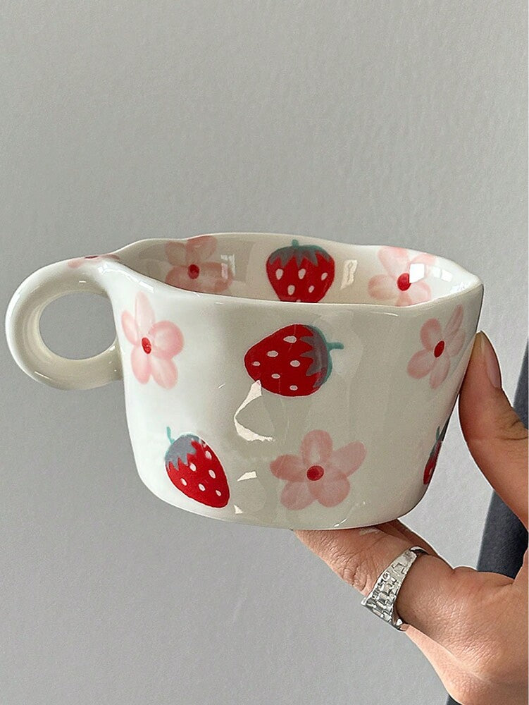 Hand-Painted Strawberry Porcelain Coffee Mug – Classic Ceramic Tea Cup, Hot & Cold Drinkware Gift