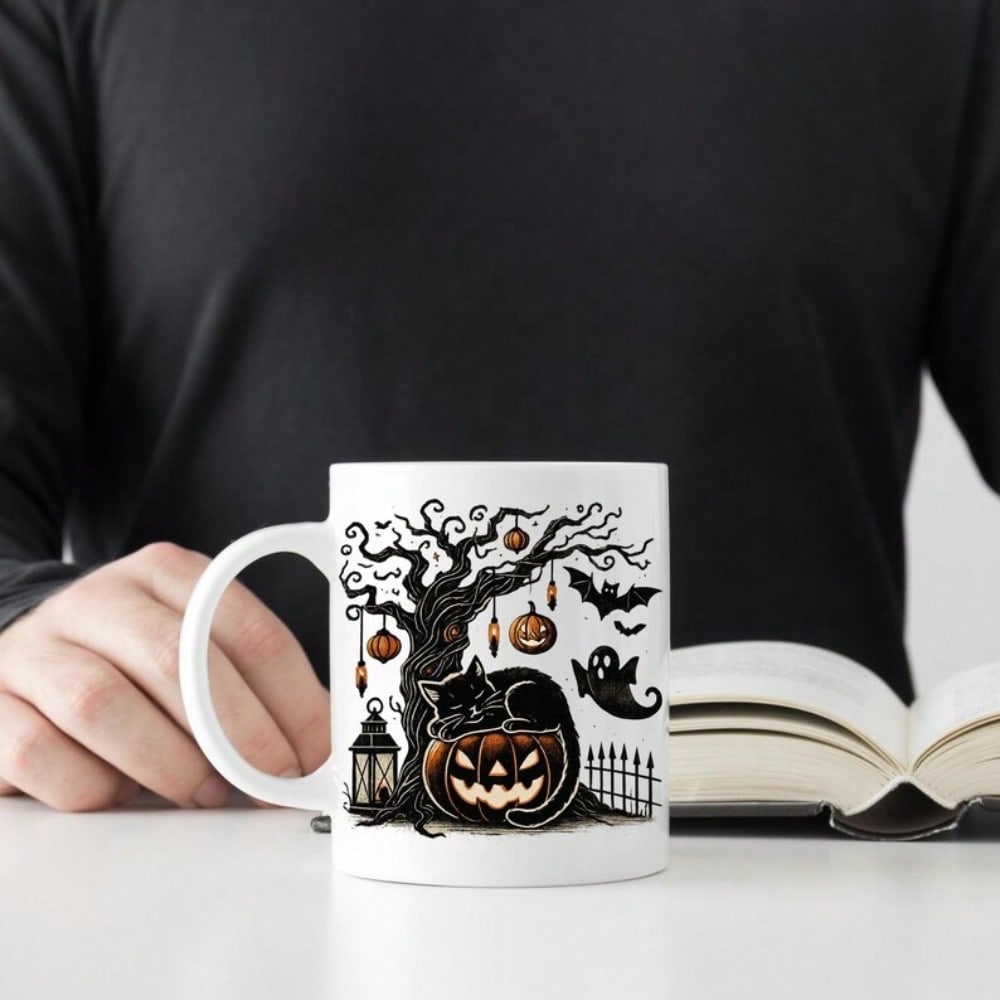 Halloween Coffee Mug – 11oz White Ceramic Cup with Spooky Design, Party Gift Idea