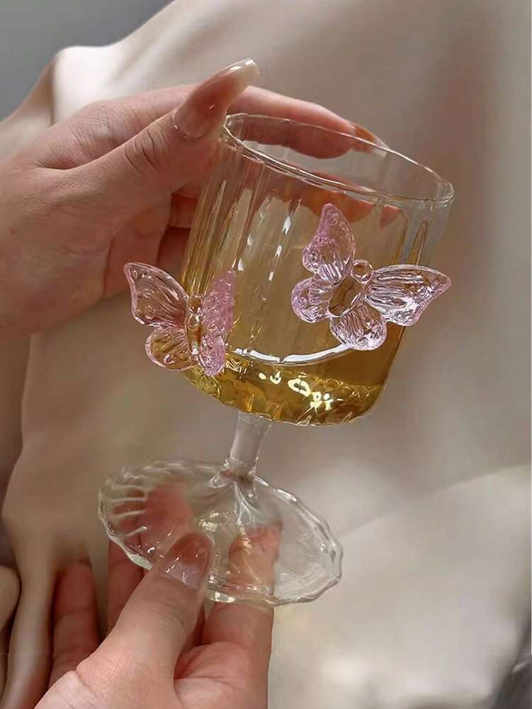 Pink Butterfly Stemless Glass Cup – Elegant Ins-Style Glass for Juice, Coffee & Milk