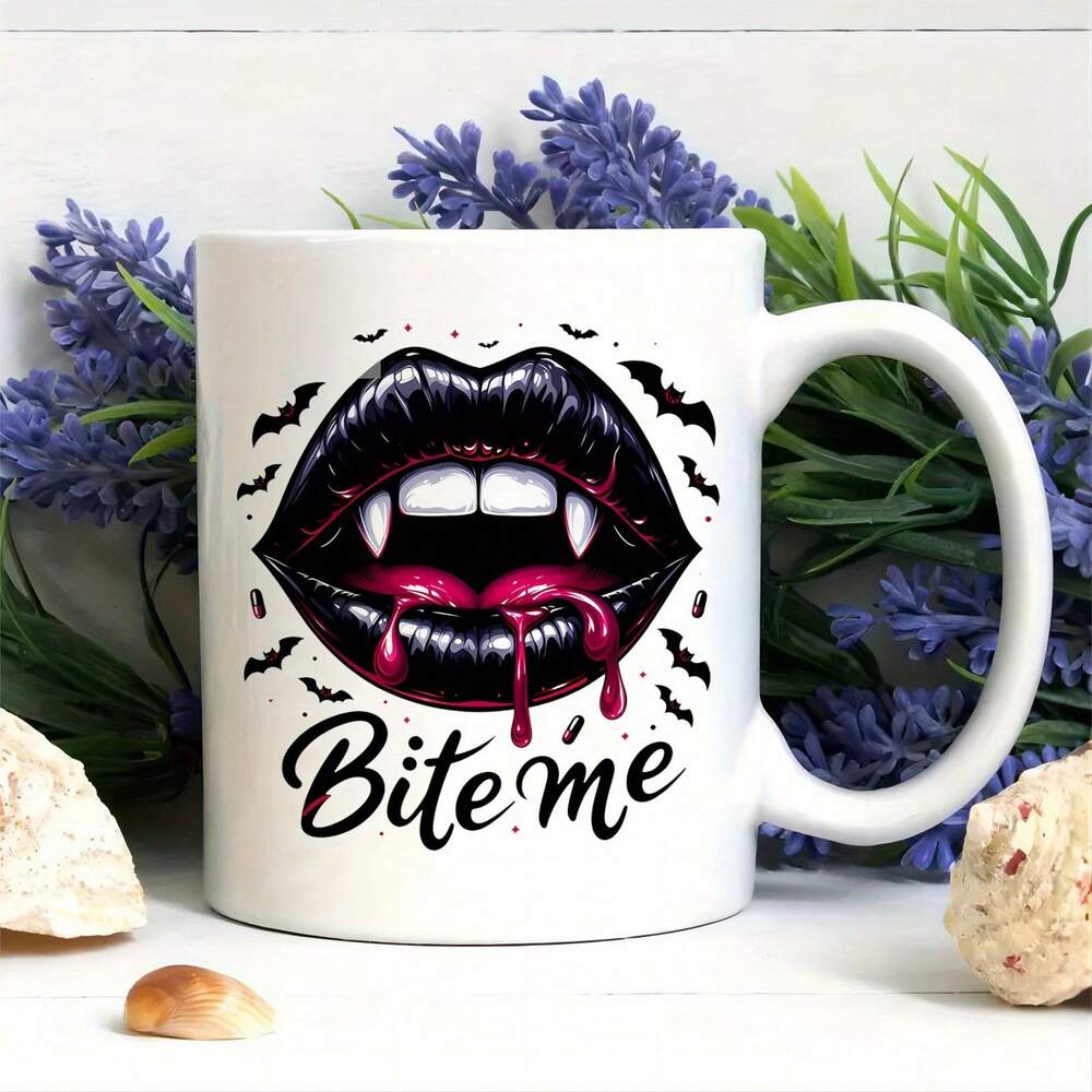 Halloween Bat Mug – 11oz Funny Ceramic Coffee Cup, Bite Me Bat Design, Festive Gift