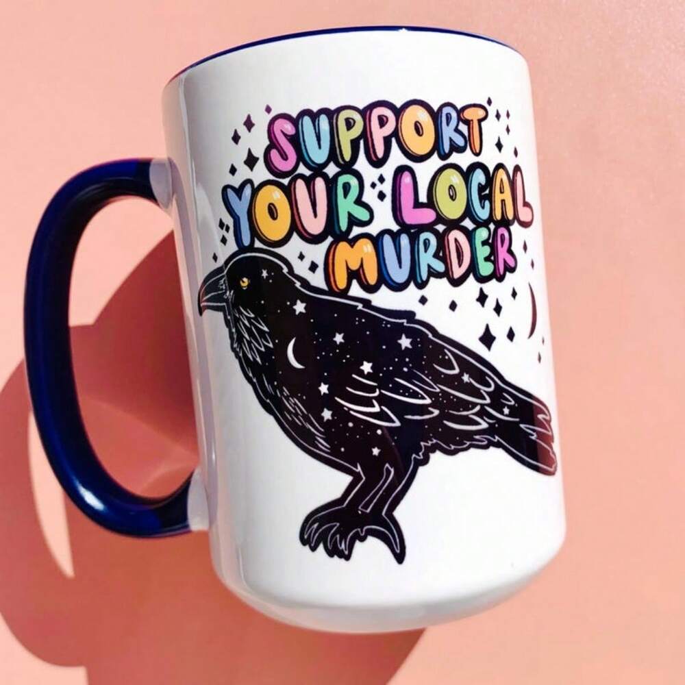 Crow True Crime Coffee Mug – 11oz Funny Wife Birthday Gift, Ironic Raven Design Cup