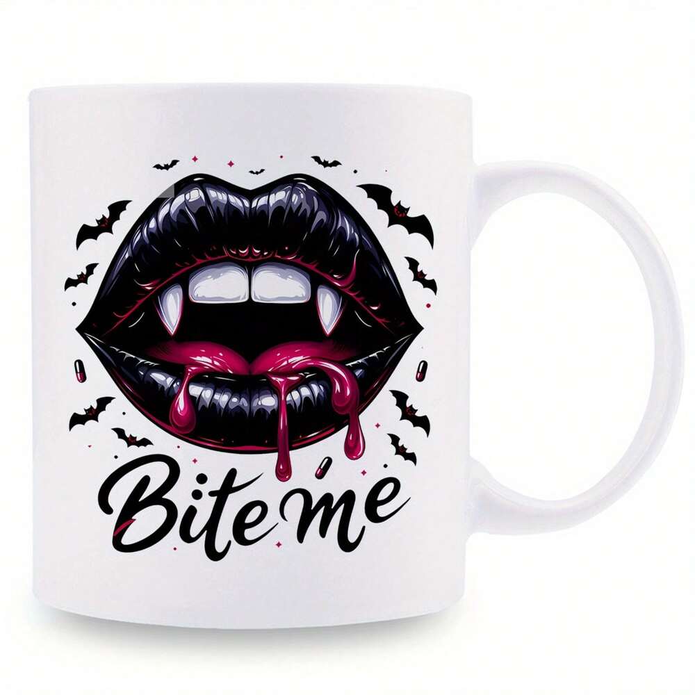 Halloween Bat Mug – 11oz Funny Ceramic Coffee Cup, Bite Me Bat Design, Festive Gift