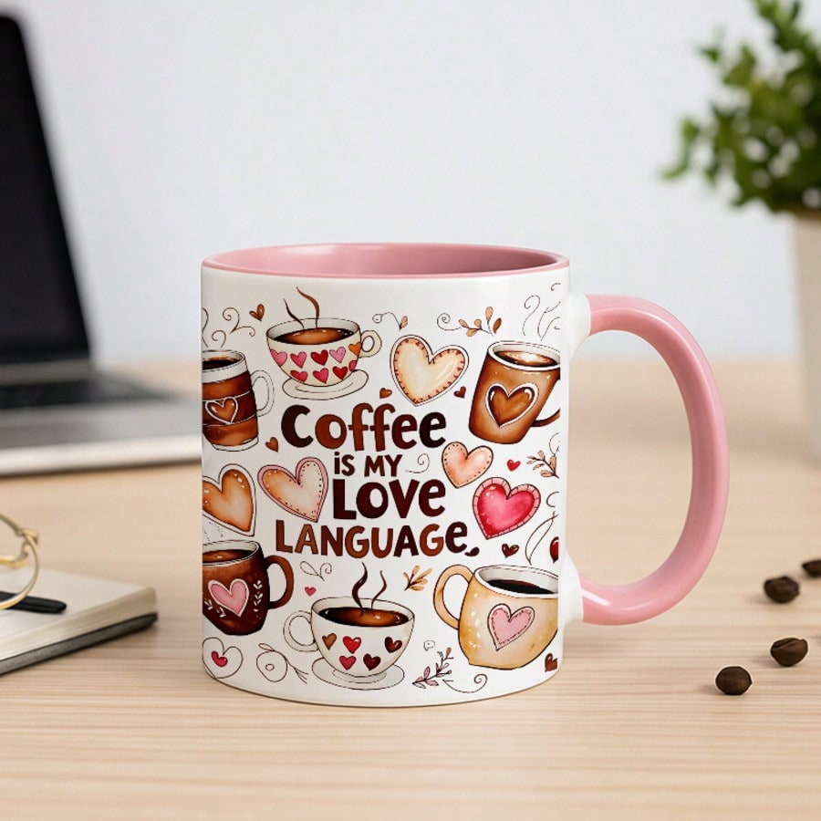 Heart & Coffee Design Ceramic Mug – 11oz Coffee Cup Gift for Friends & Coffee Lovers