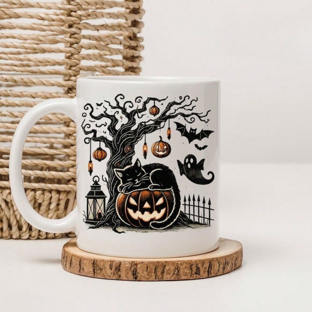 Halloween Coffee Mug – 11oz White Ceramic Cup with Spooky Design, Party Gift Idea