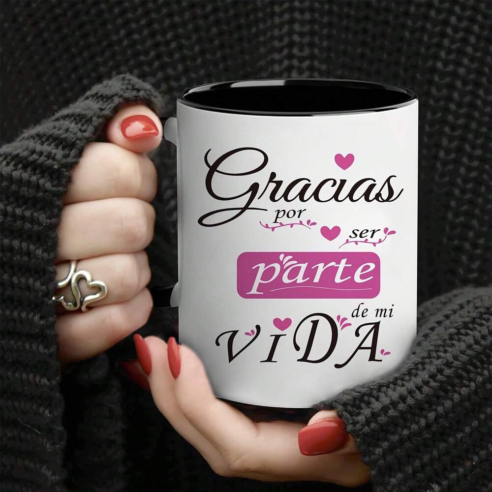 Spanish Style Ceramic Coffee Mug – “Gracias Por Estar De Mi Vida” Black Interior Cup, 11oz Romantic & Sentimental Gift for Valentine’s, Mother’s, Birthday & Anniversary