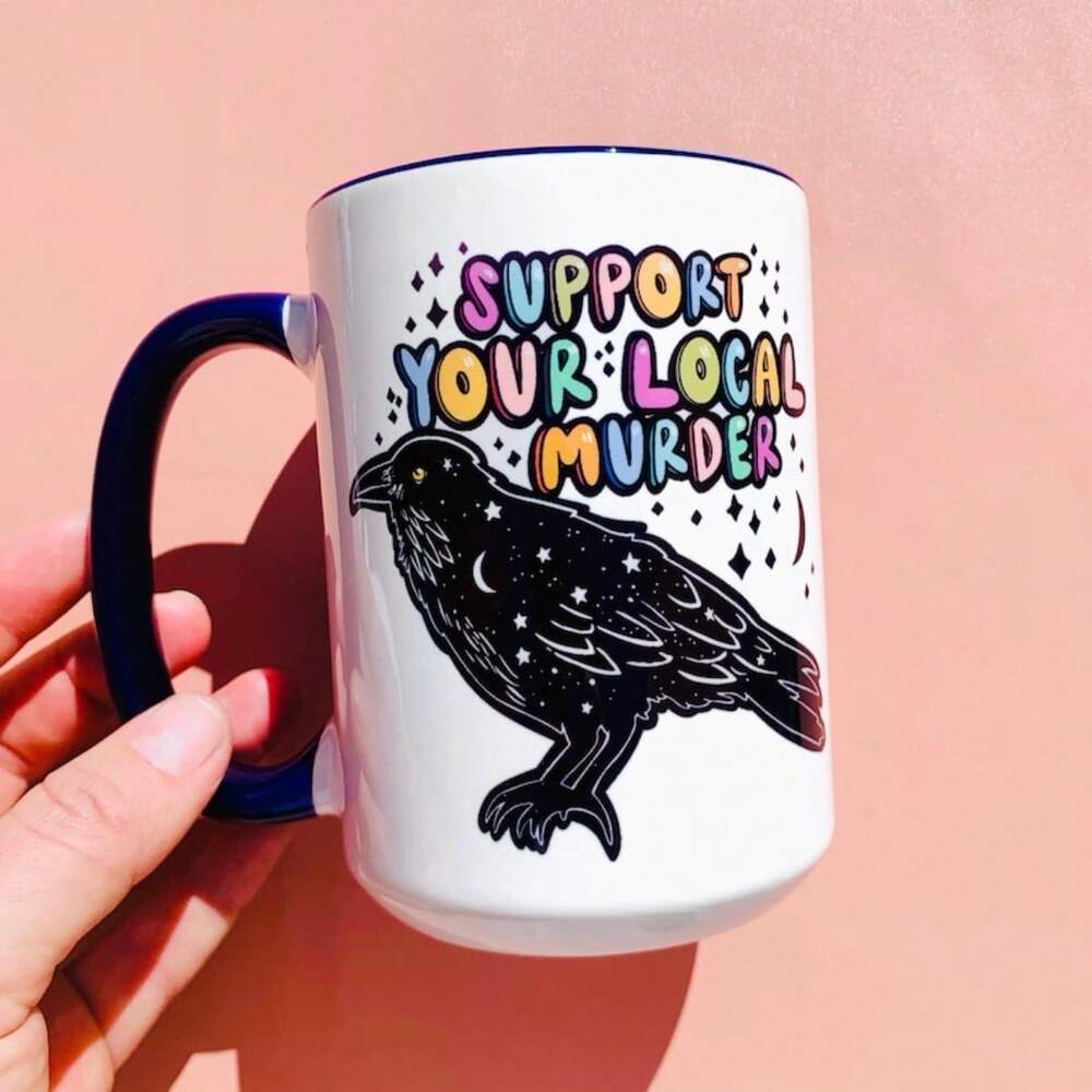 Crow True Crime Coffee Mug – 11oz Funny Wife Birthday Gift, Ironic Raven Design Cup