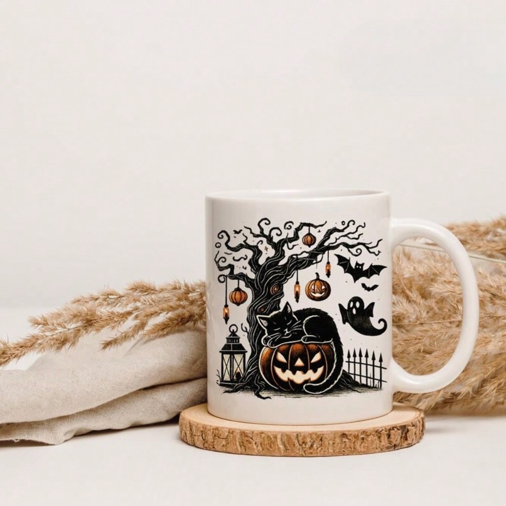 Halloween Coffee Mug – 11oz White Ceramic Cup with Spooky Design, Party Gift Idea
