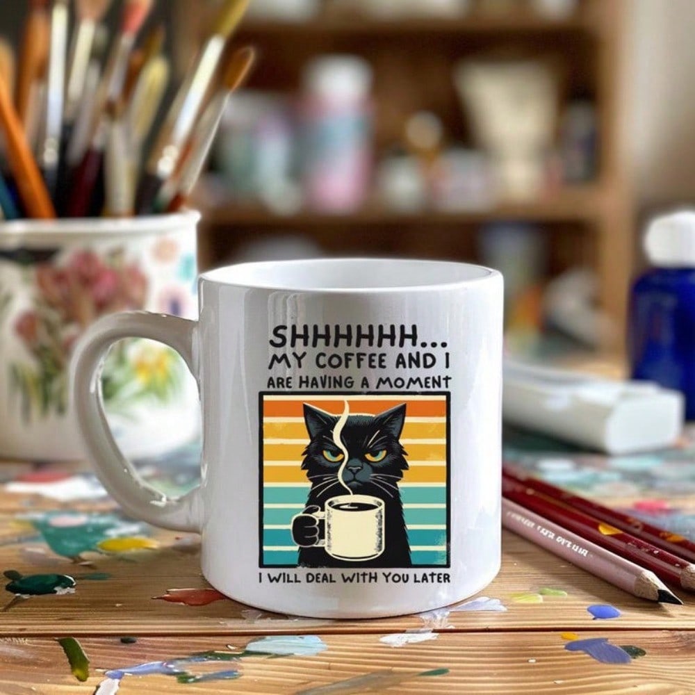 Funny Cat Coffee Mug – Shhh My Coffee & I Are Having a Moment, 11oz Cat Lover Gift Cup