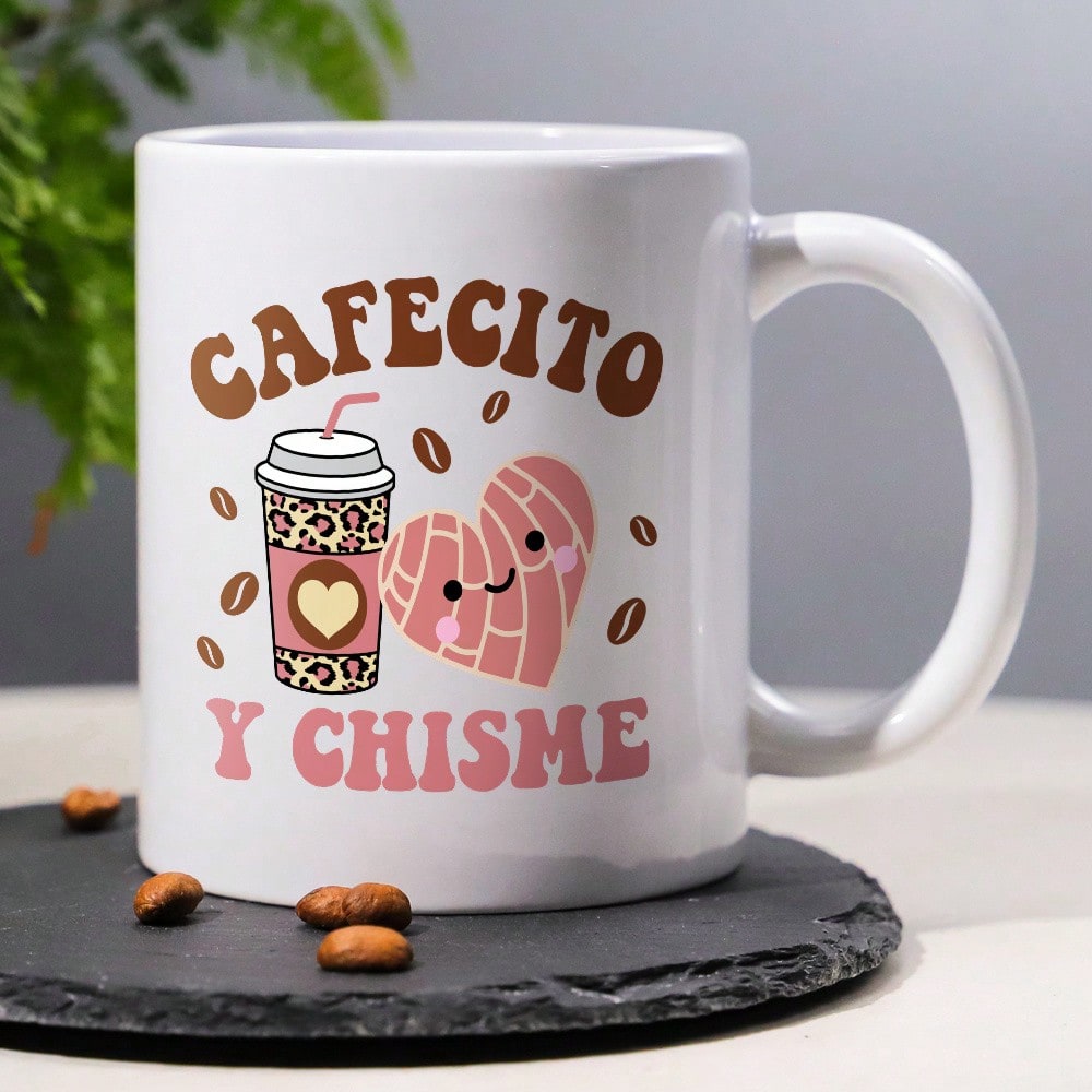 Cafecito Y Chisme Ceramic Mug – 11oz Coffee Cup, Dishwasher Safe, Fun Gift for Friends