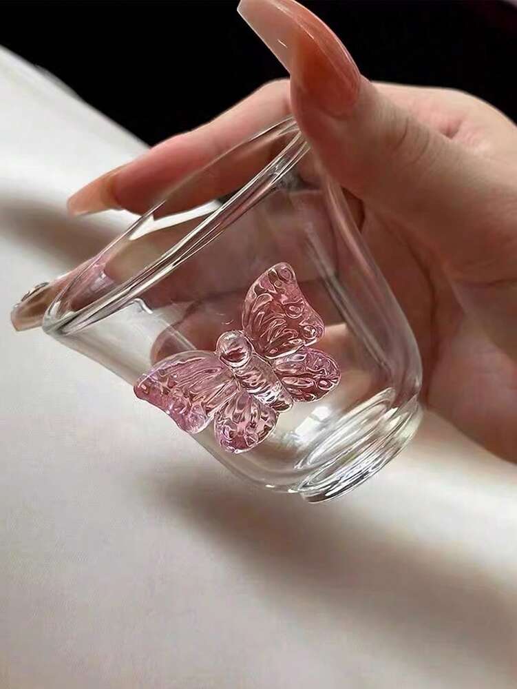 Pink Butterfly Stemless Glass Cup – Elegant Ins-Style Glass for Juice, Coffee & Milk
