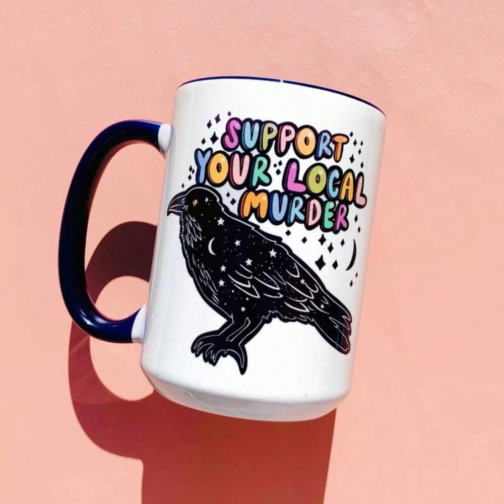 Crow True Crime Coffee Mug – 11oz Funny Wife Birthday Gift, Ironic Raven Design Cup