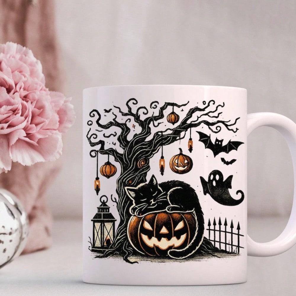 Halloween Coffee Mug – 11oz White Ceramic Cup with Spooky Design, Party Gift Idea