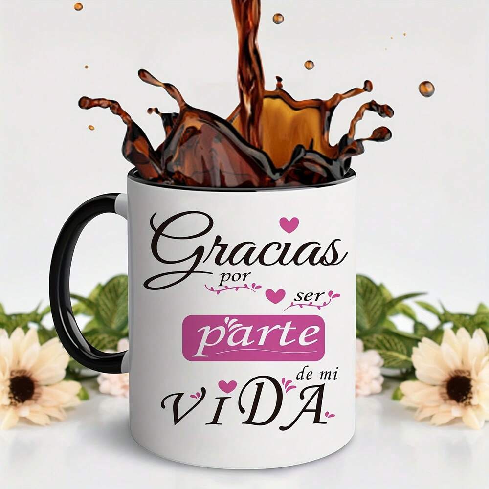 Spanish Style Ceramic Coffee Mug – “Gracias Por Estar De Mi Vida” Black Interior Cup, 11oz Romantic & Sentimental Gift for Valentine’s, Mother’s, Birthday & Anniversary