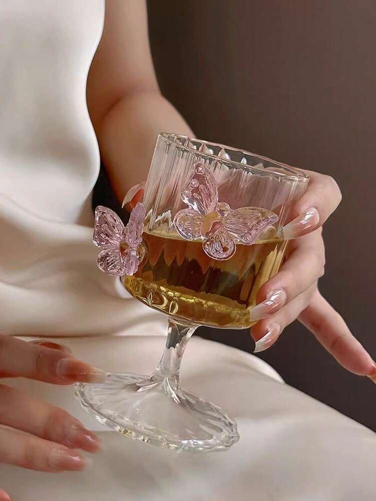 Pink Butterfly Stemless Glass Cup – Elegant Ins-Style Glass for Juice, Coffee & Milk
