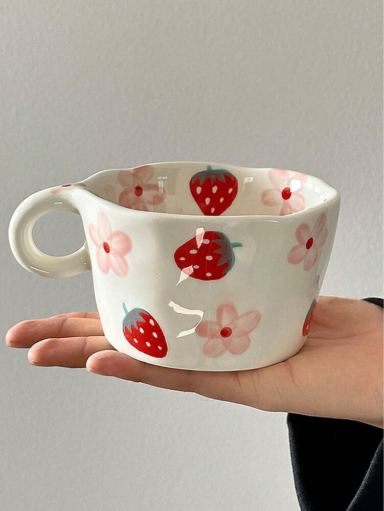 Hand-Painted Strawberry Porcelain Coffee Mug – Classic Ceramic Tea Cup, Hot & Cold Drinkware Gift