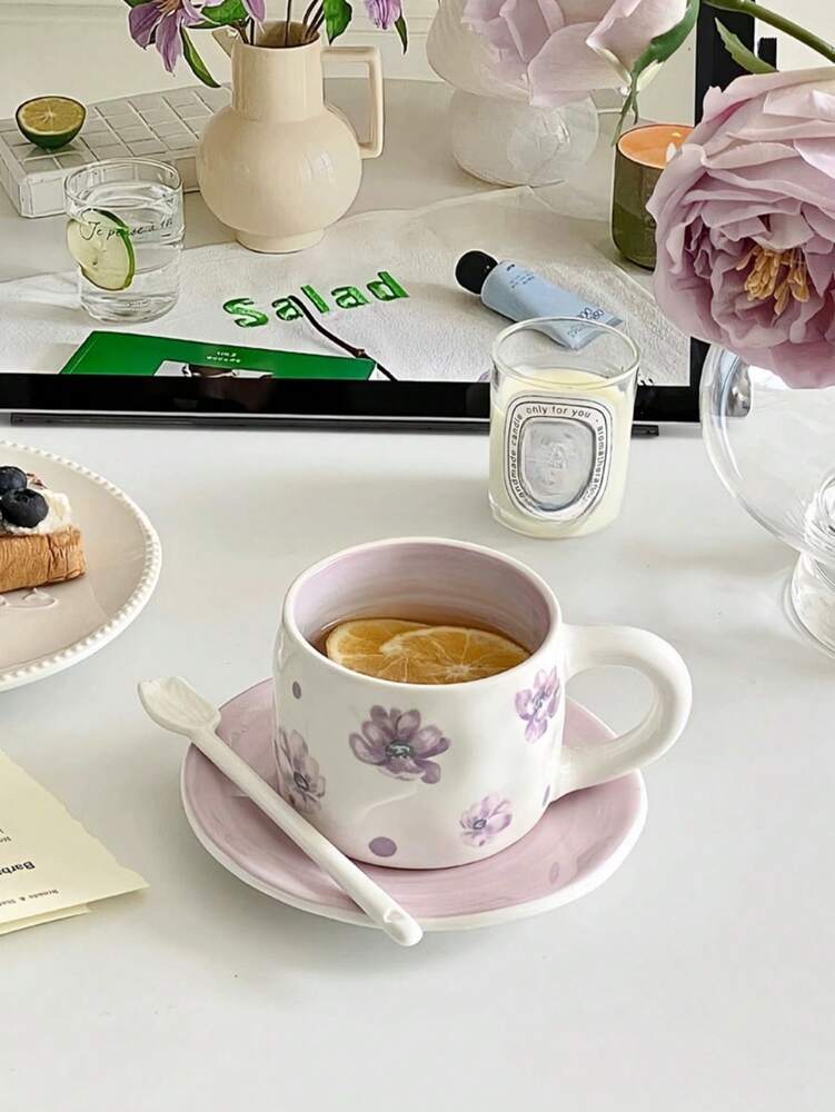 Vintage Violet Coffee Cup & Saucer Set – Hand-Painted Ceramic Latte Art Afternoon Tea Gift Set