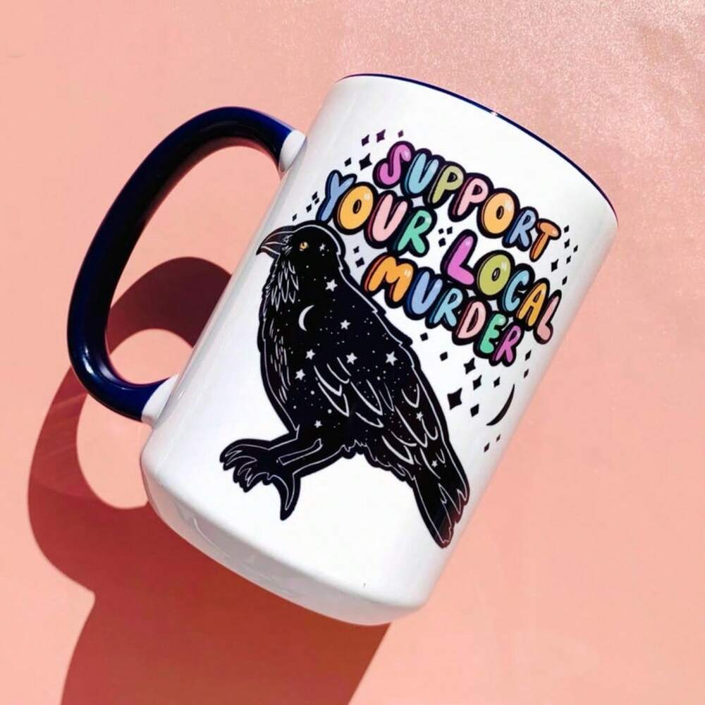 Crow True Crime Coffee Mug – 11oz Funny Wife Birthday Gift, Ironic Raven Design Cup