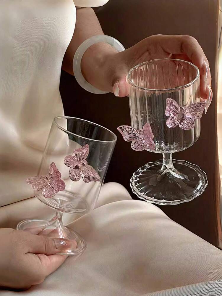 Pink Butterfly Stemless Glass Cup – Elegant Ins-Style Glass for Juice, Coffee & Milk