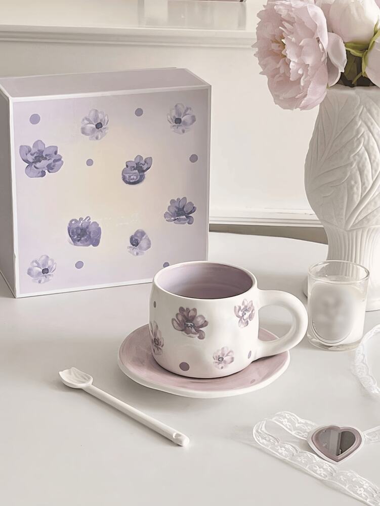 Vintage Violet Coffee Cup & Saucer Set – Hand-Painted Ceramic Latte Art Afternoon Tea Gift Set