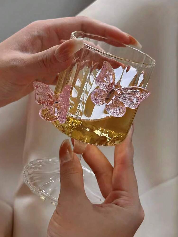 Pink Butterfly Stemless Glass Cup – Elegant Ins-Style Glass for Juice, Coffee & Milk