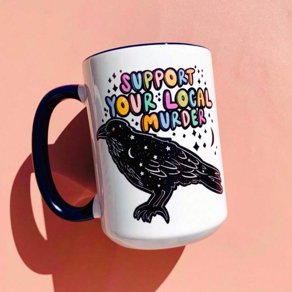 Crow True Crime Coffee Mug – 11oz Funny Wife Birthday Gift, Ironic Raven Design Cup