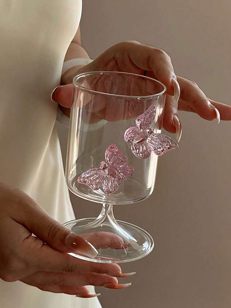 Pink Butterfly Stemless Glass Cup – Elegant Ins-Style Glass for Juice, Coffee & Milk